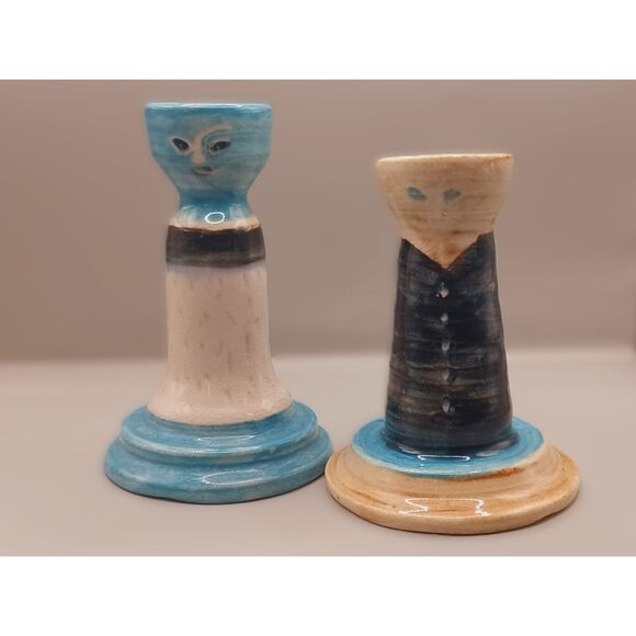 Arts and Crafts Studio Art Pottery "Picasso Style" Man & Woman Candlestick Set - Picture 2 of 16